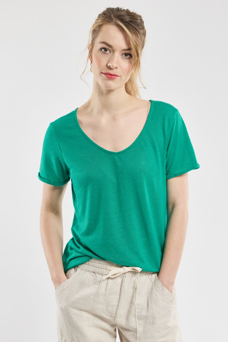 T-shirt col V CLARYS - polyester recycle et lin